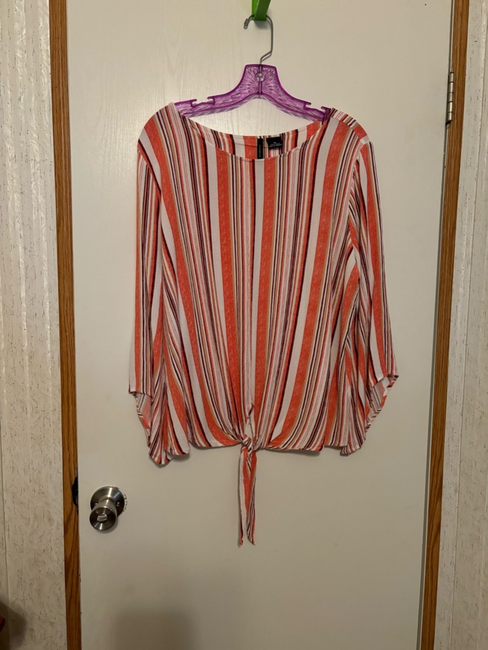 new directions Coral and White Striped Tie-Front Blouse